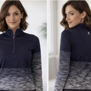 Xersion Striped Quick-Dri Pullover Activewear Top Navy Gray Mock Neck XS